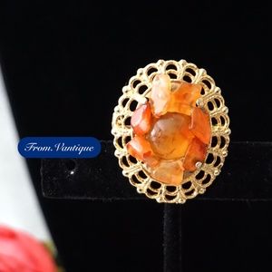 🟠 VINTAGE Gold & Orange Gem Chips Brooch / Scarf Pin 🧷